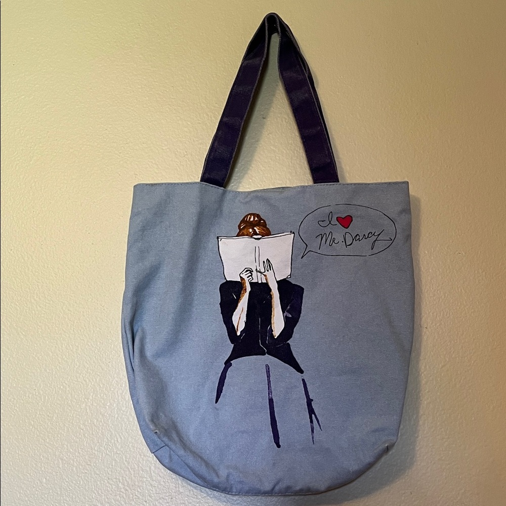 I love Mr. Darcy Barnes & Noble Blue and Purple Tote Bag with Artistic Design